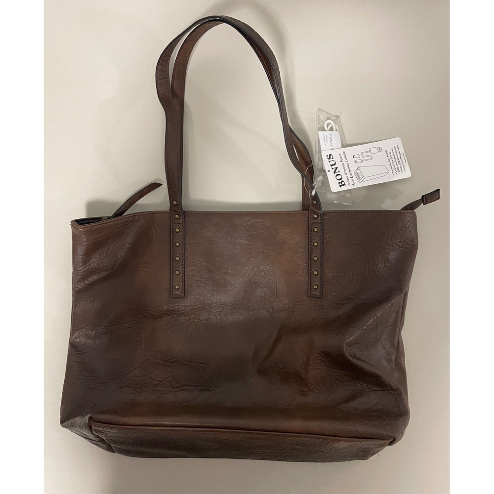 Bueno Brown Faux Leather Studded Tote Bag with Built-in Power Bank Charger NWT